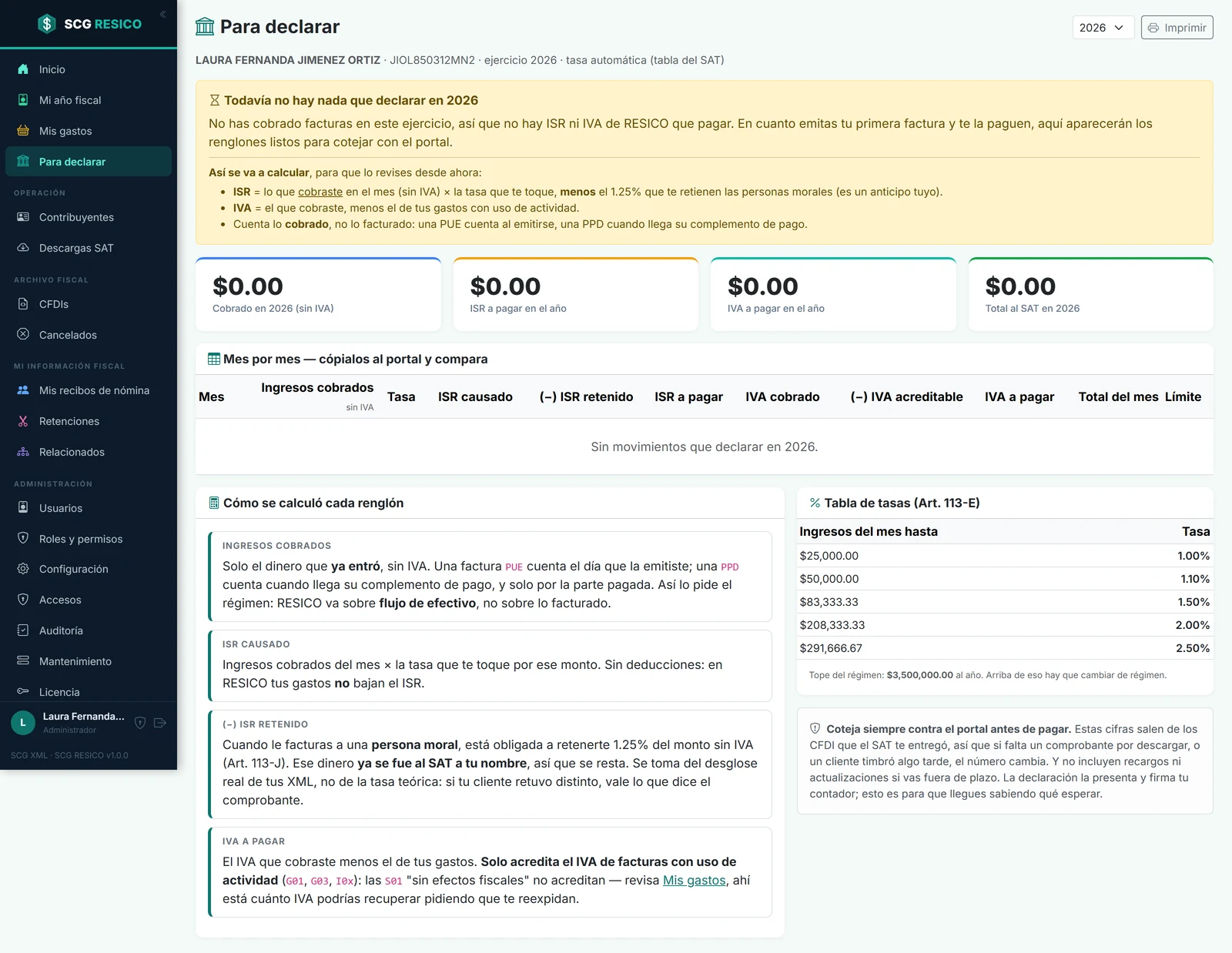 SCG RESICO — Los números del periodo ya armados, para capturar en el portal del SAT sin adivinar.